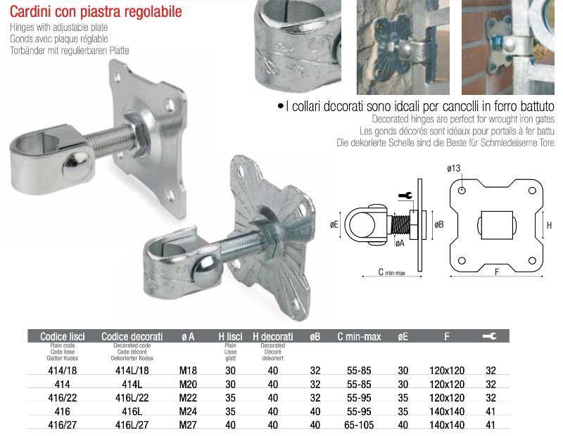 Cardini con Piastra Regolabile con Collari Lisci o Decorati per Cancelli in Ferro Battuto