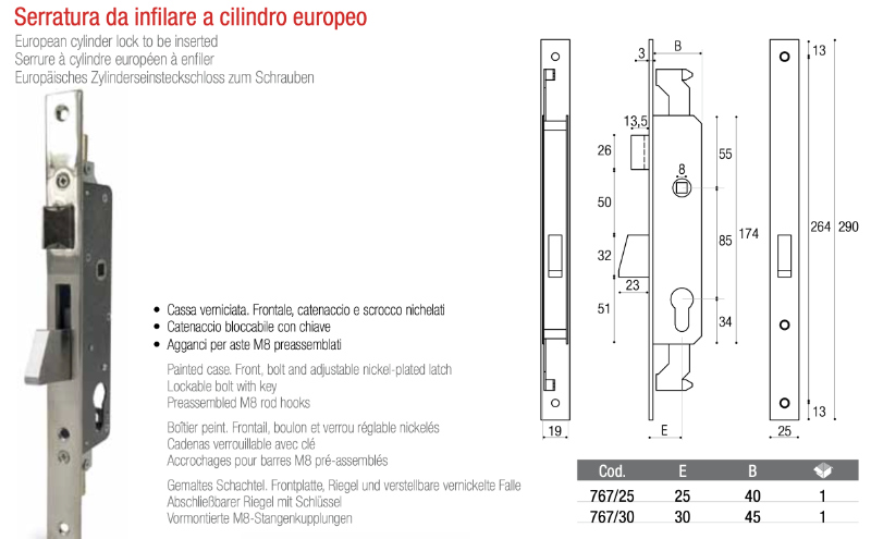 Serrure à cylindre européen à enfiler 767 Brevetti Adem