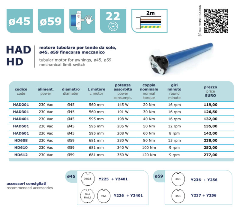 HAD401 (40Nm) - HAD501 (50Nm) - motore tubolare per tende da sole, ø45, ø59 finecorsa meccanico