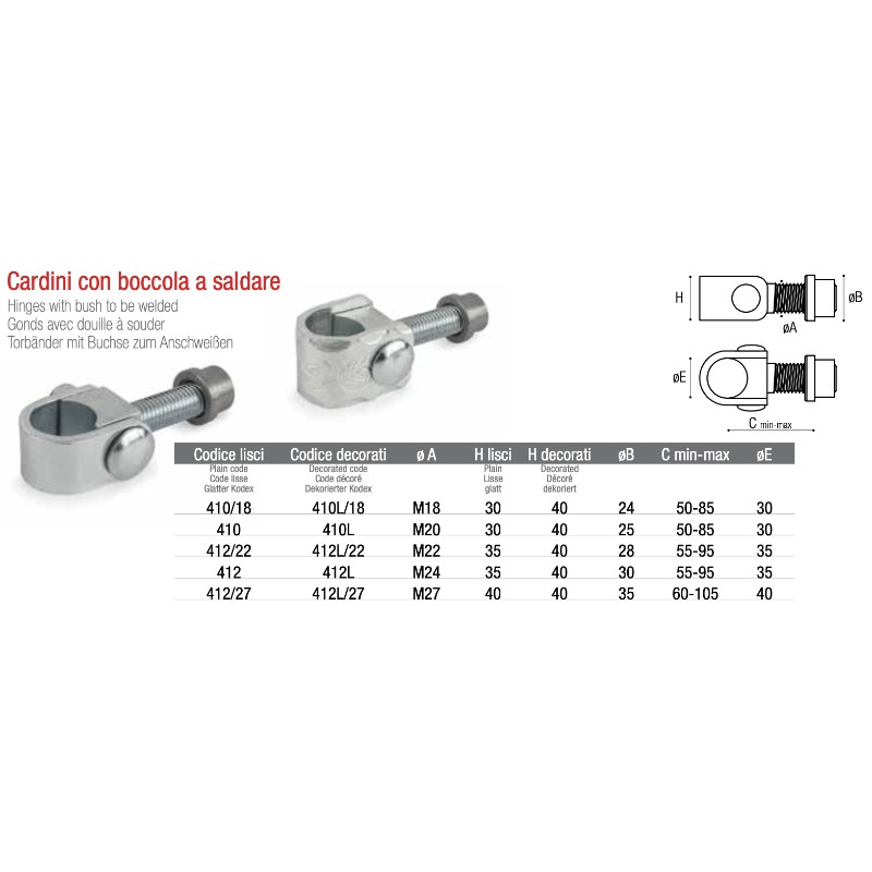 Cardine con Boccola a Saldare per Cancelli con Collare Liscio o Decorato