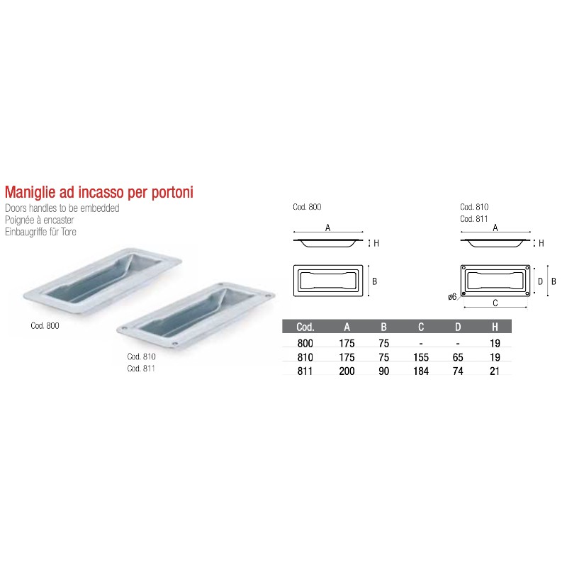 Maniglia ad Incasso per Portone Industriale Adem 800 810 811